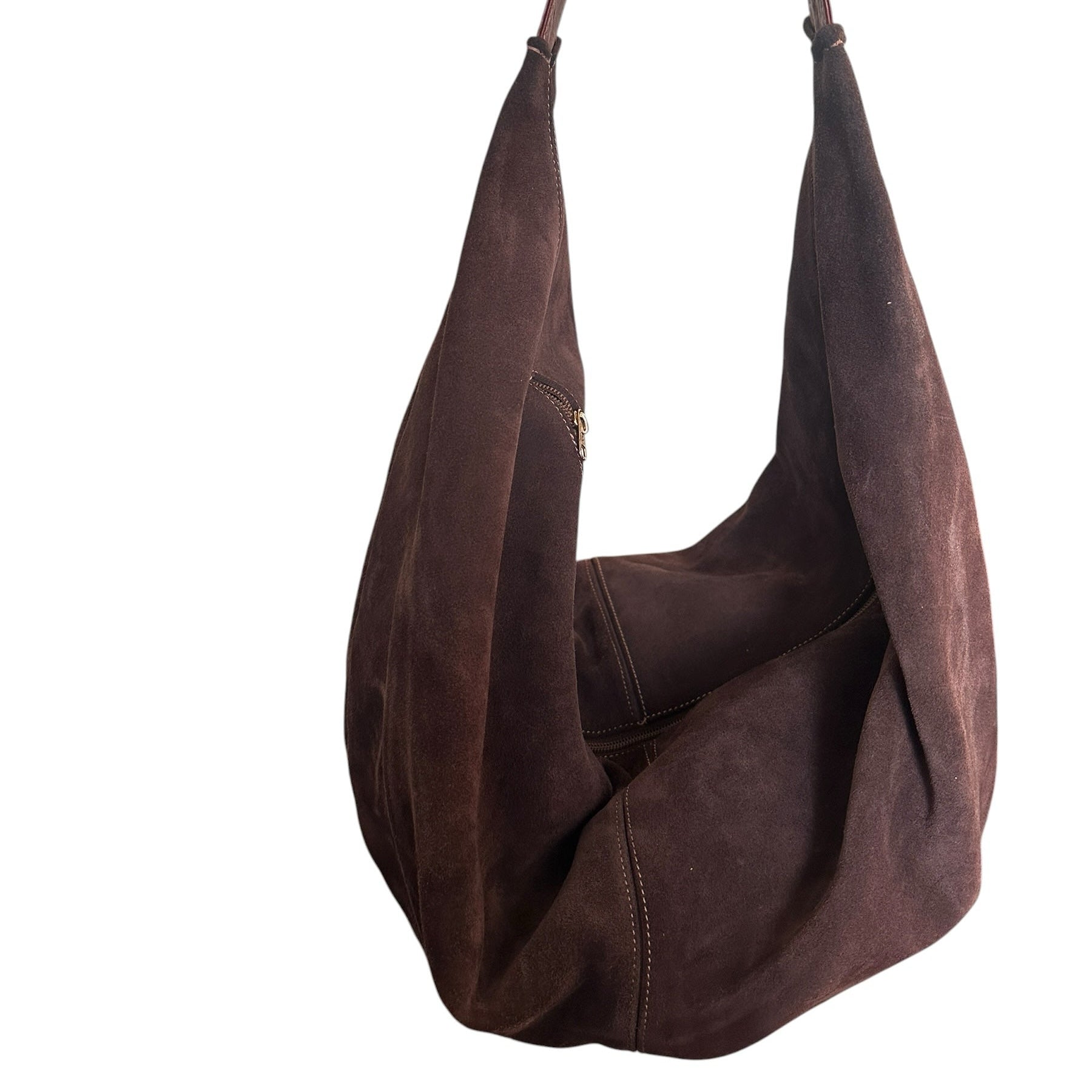 Brown Suede Slouch Bag With Attached Internal Zip Wallet