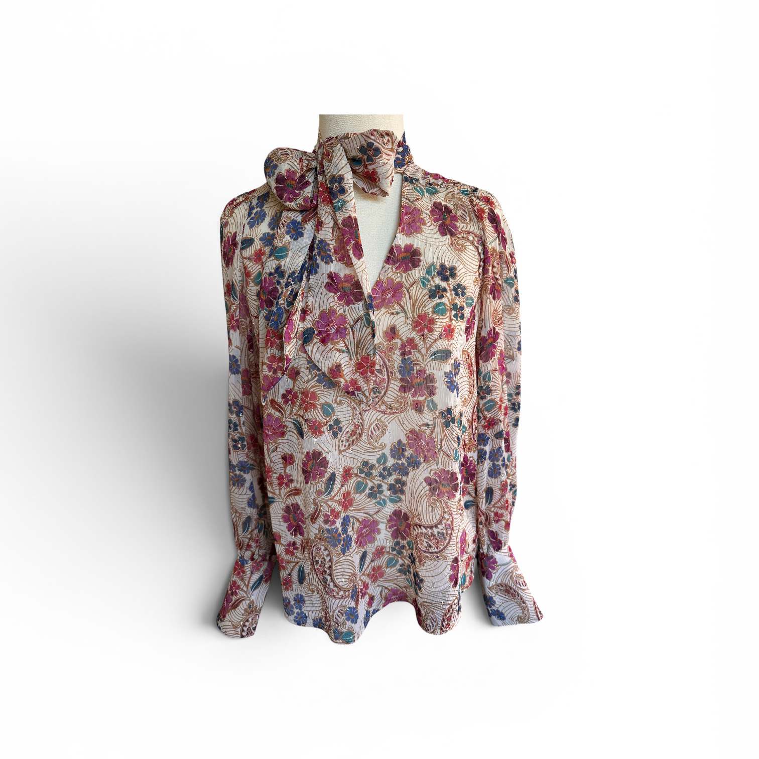Print Tie Neck Sheer Blouse Size 10-12