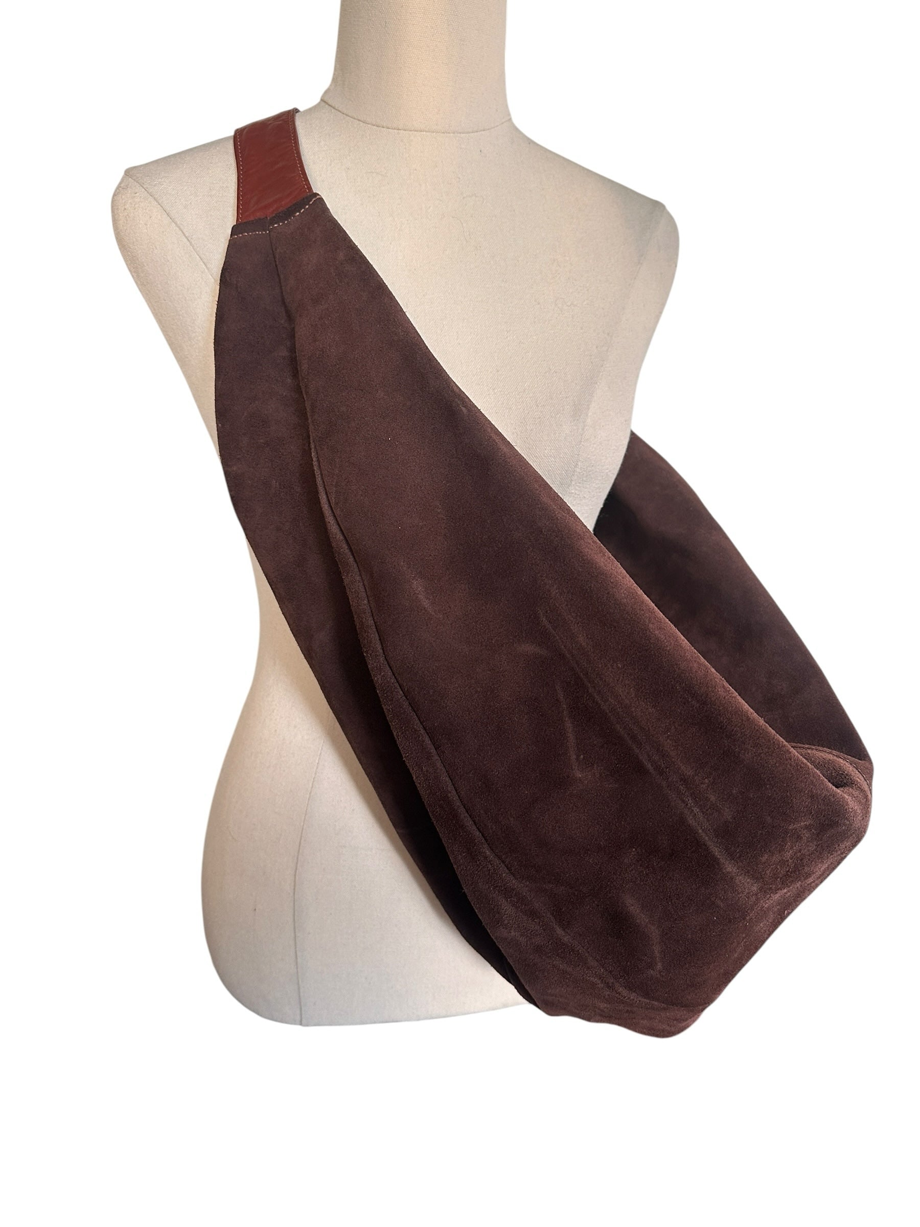 Brown Suede Slouch Bag With Attached Internal Zip Wallet