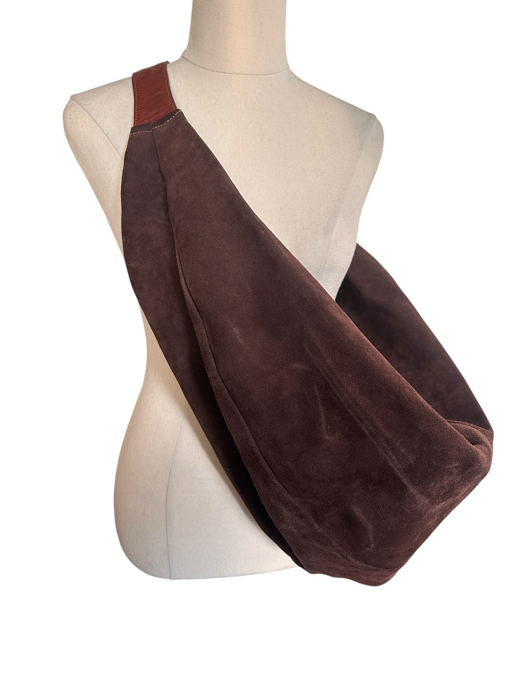 Brown Suede Slouch Bag With Attached Internal Zip Wallet