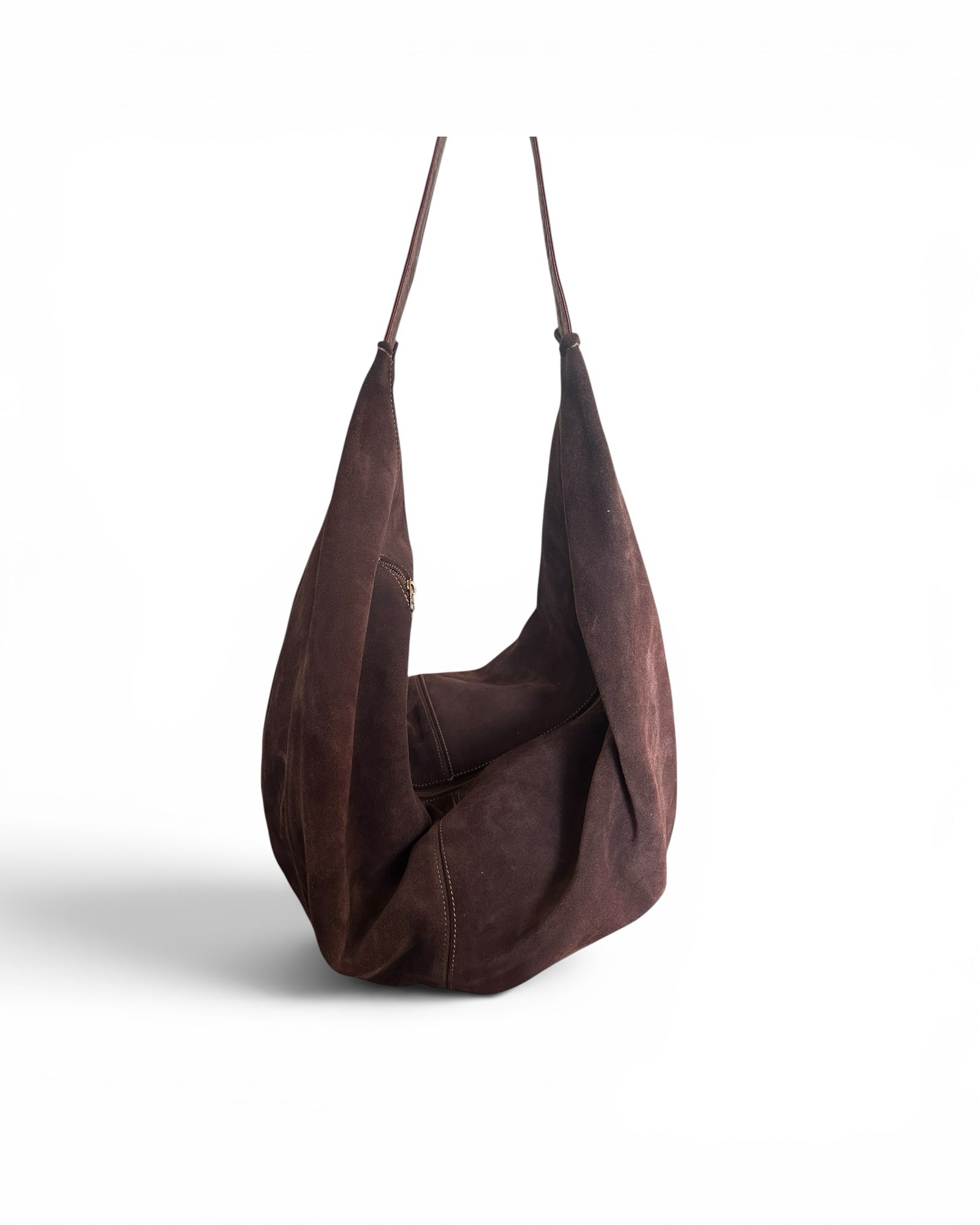Brown Suede Slouch Bag With Attached Internal Zip Wallet