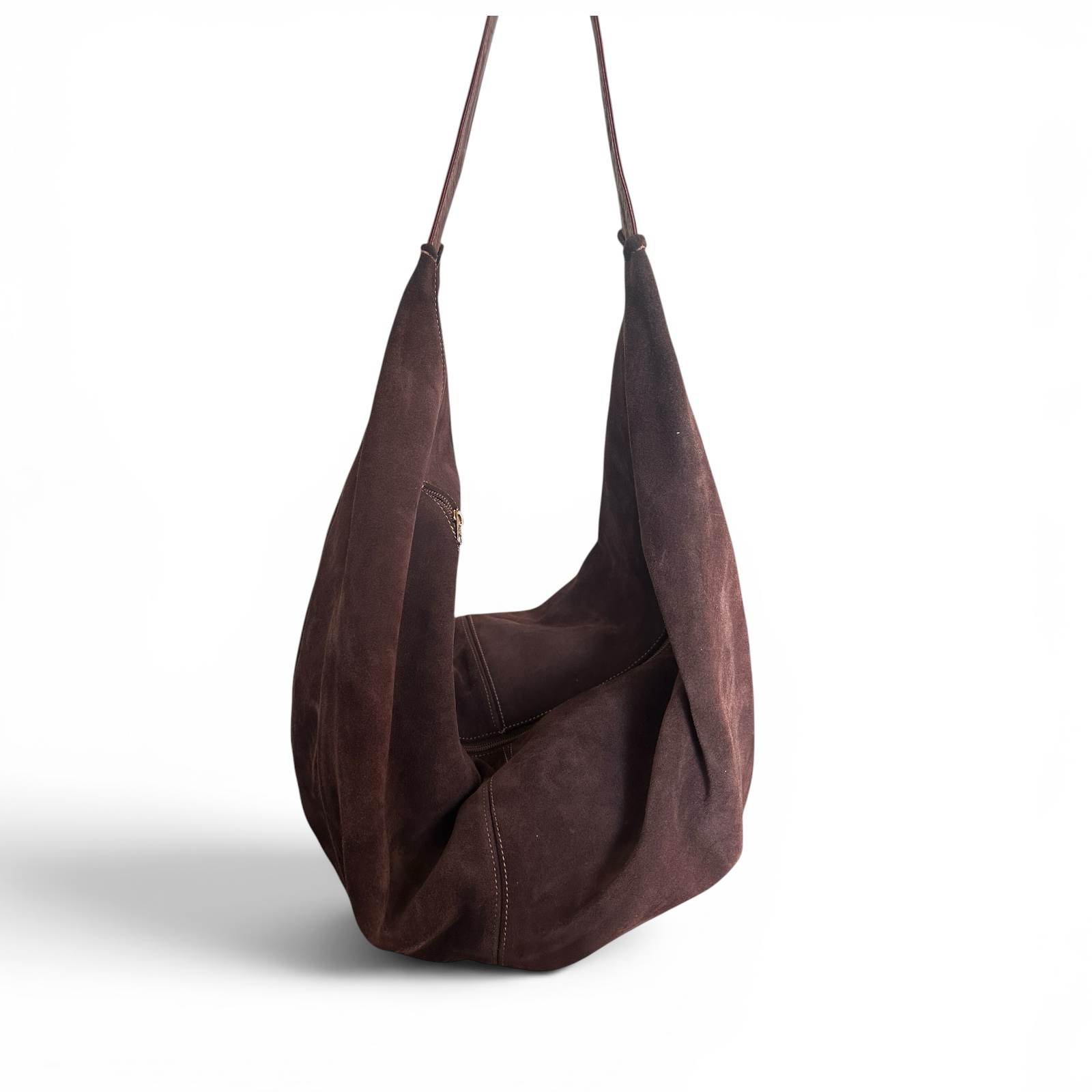 Brown Suede Slouch Bag With Attached Internal Zip Wallet