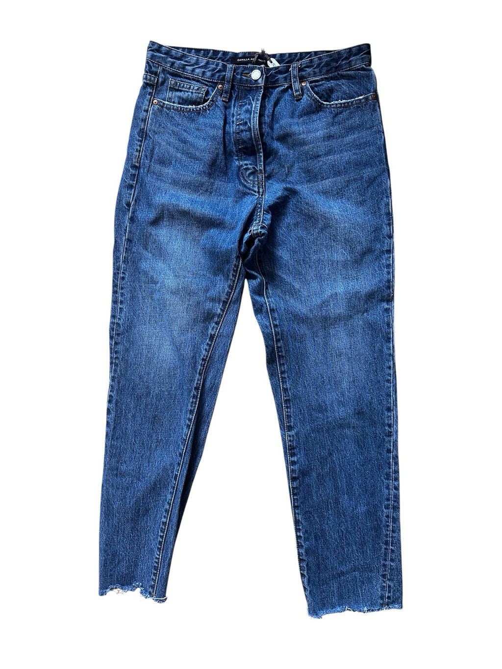 The Renewal Edit CAMILLA AND MARC high-rise straight-leg denim jeans in a mid-blue wash with a raw-edge hem.