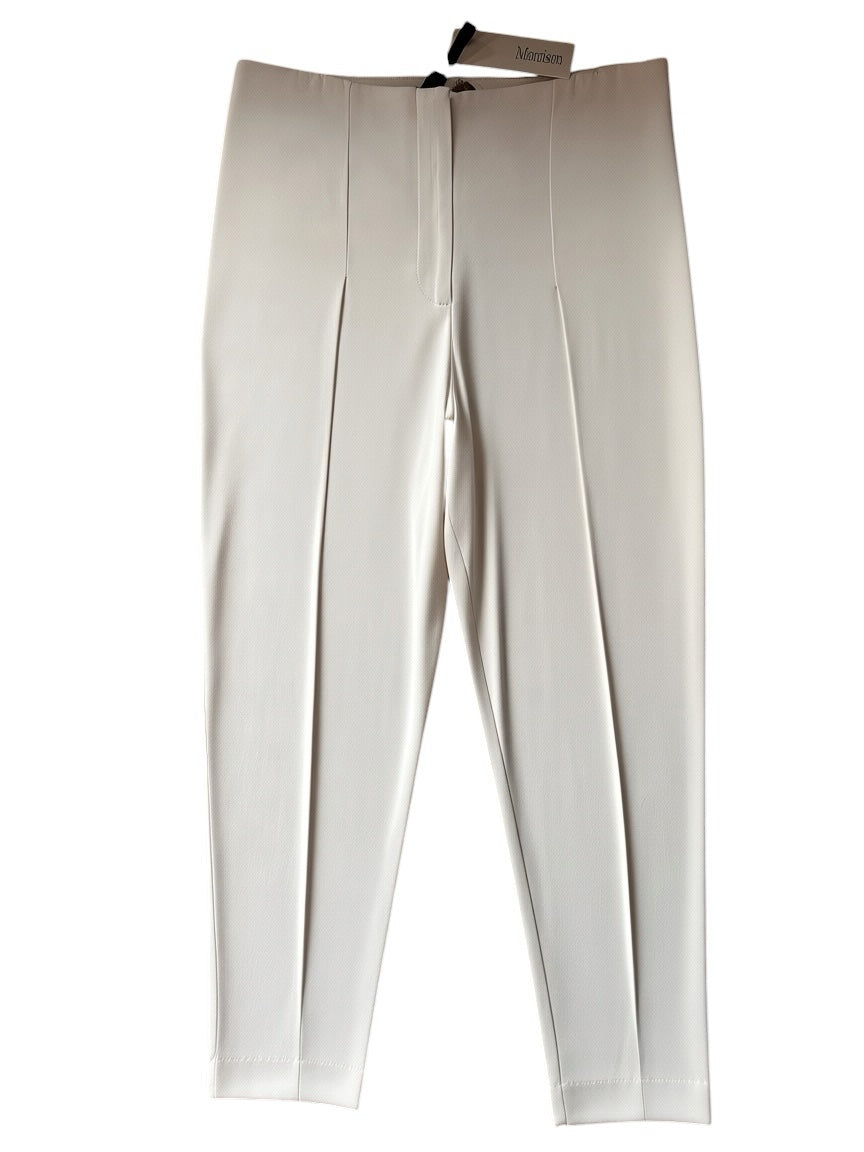 The Renewal Edit Morrison cream high-waisted tailored trousers with sharp front pleats and a slim leg silhouette.