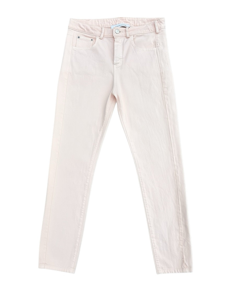 The Renewal Edit pale pink slim-leg denim jeans with a classic five-pocket design and button-and-zip fly closure.